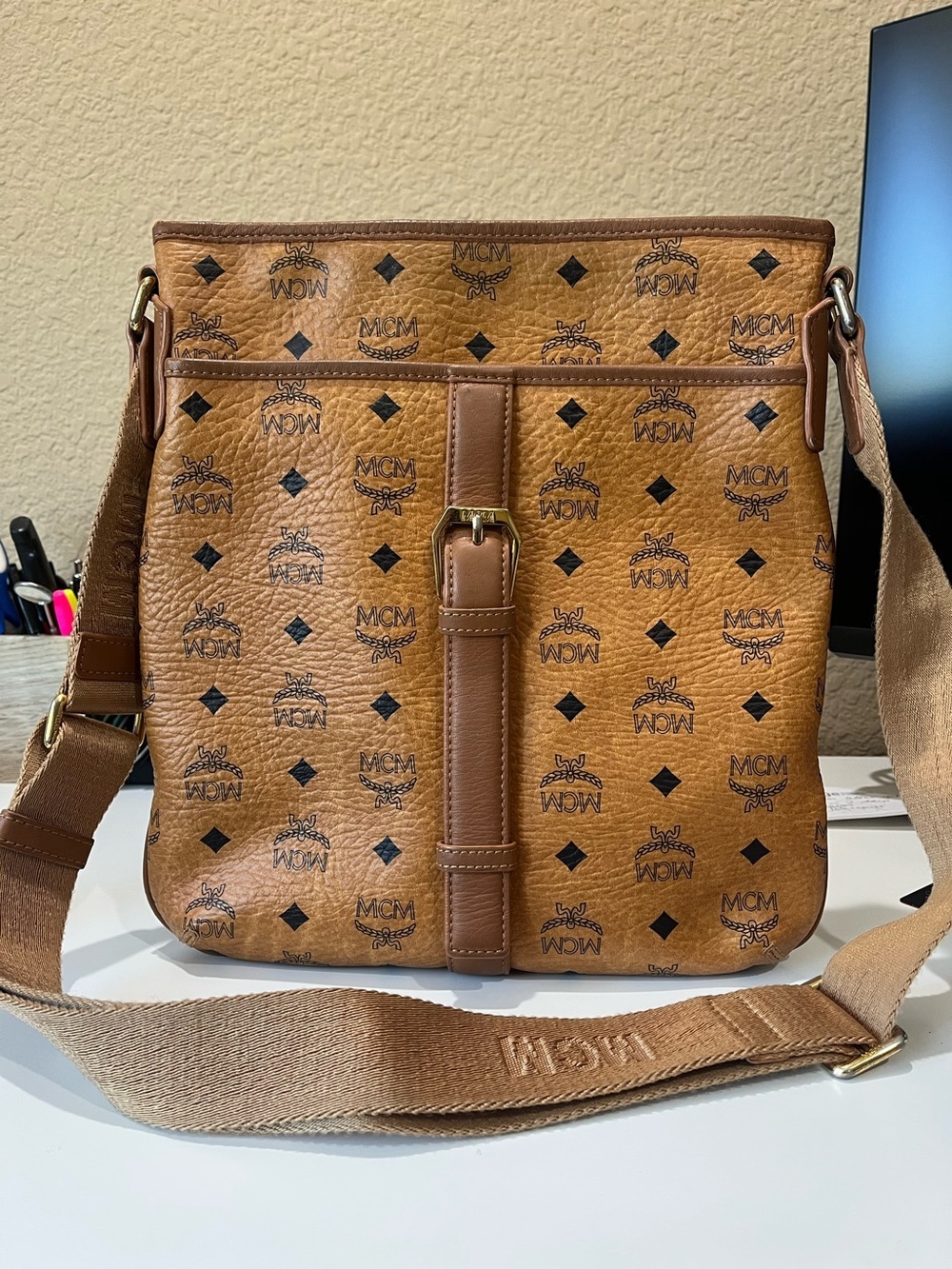 MCM COGNAC VISETOS 2 SIDED MESSENGER SLING BAG